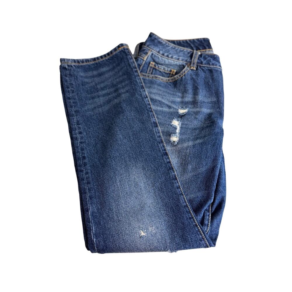 CAbi 100% BF Boyfriend Jeans blue denim straight leg distressed all cotton Sz 4